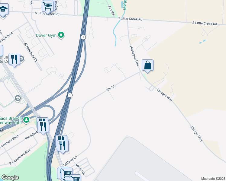 map of restaurants, bars, coffee shops, grocery stores, and more near 101-499 5th Street in Dover
