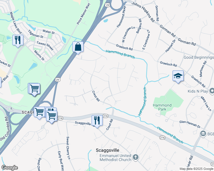 map of restaurants, bars, coffee shops, grocery stores, and more near 8215 Slippery Rock Way in Laurel