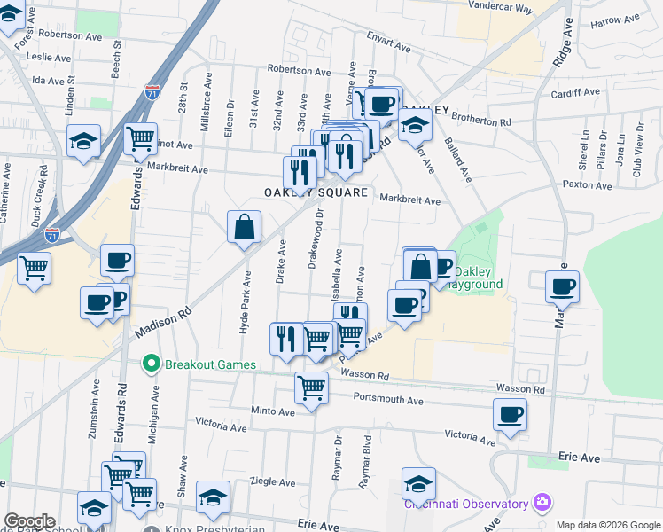 map of restaurants, bars, coffee shops, grocery stores, and more near 3834 Drakewood Drive in Cincinnati