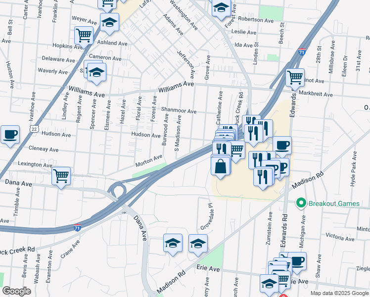 map of restaurants, bars, coffee shops, grocery stores, and more near 3821 South Jefferson Avenue in Norwood