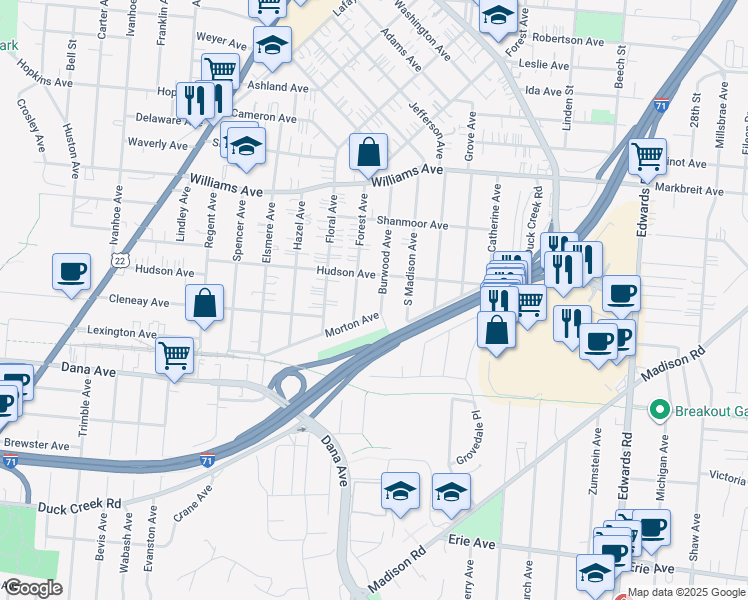 map of restaurants, bars, coffee shops, grocery stores, and more near 3832 Forest Avenue in Cincinnati