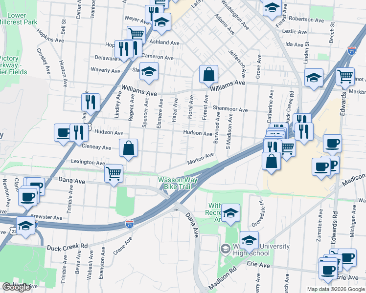 map of restaurants, bars, coffee shops, grocery stores, and more near 3815 Floral Avenue in Cincinnati