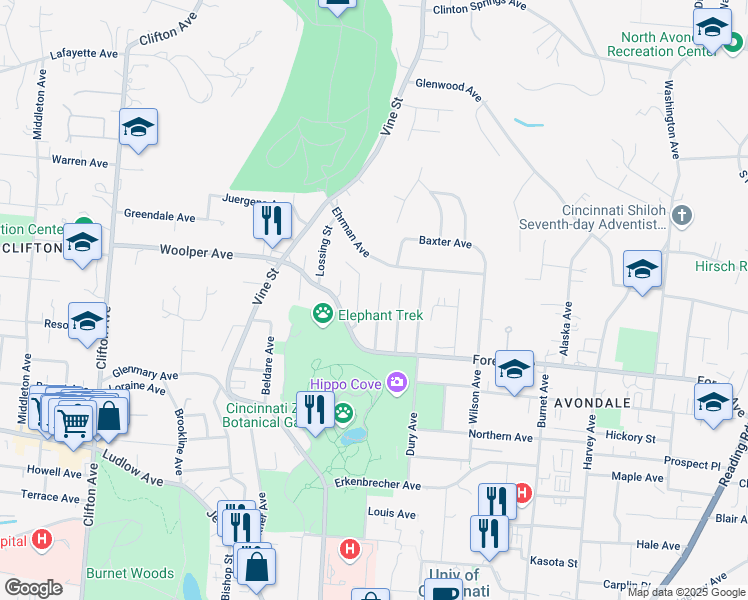 map of restaurants, bars, coffee shops, grocery stores, and more near 3581 Purdue Street in Cincinnati