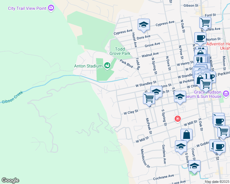 map of restaurants, bars, coffee shops, grocery stores, and more near 1101 W Standley St in Ukiah