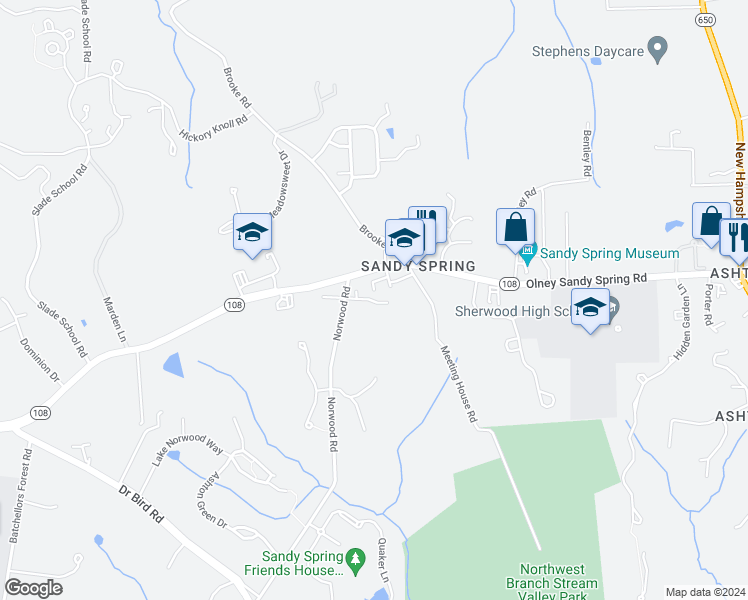 map of restaurants, bars, coffee shops, grocery stores, and more near 1020 Windrush Lane in Ashton-Sandy Spring