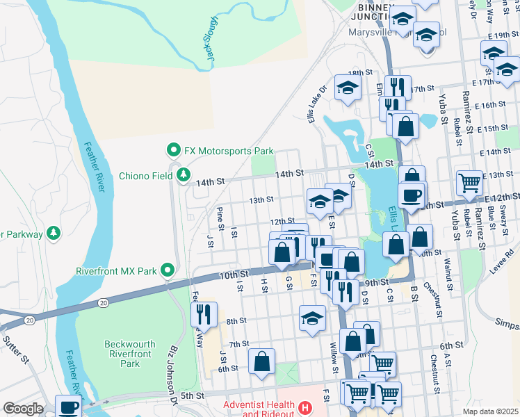 map of restaurants, bars, coffee shops, grocery stores, and more near 1221 H Street in Marysville