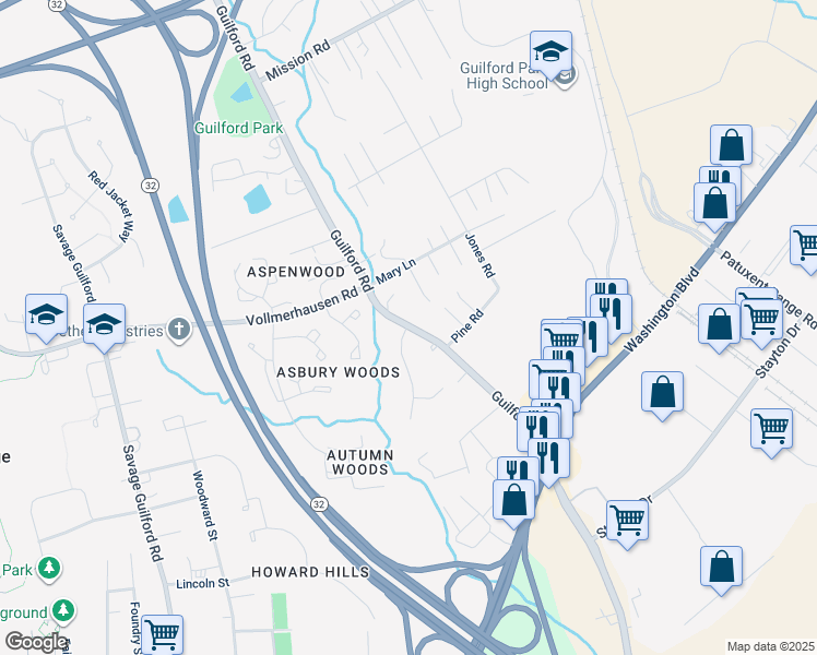 map of restaurants, bars, coffee shops, grocery stores, and more near 10122 Guilford Rd in Jessup