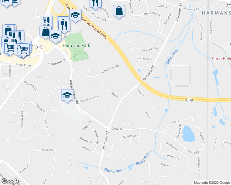 map of restaurants, bars, coffee shops, grocery stores, and more near 7635 Post Road in Hanover
