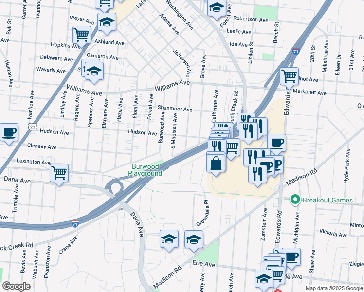 map of restaurants, bars, coffee shops, grocery stores, and more near 3821 South Jefferson Avenue in Norwood
