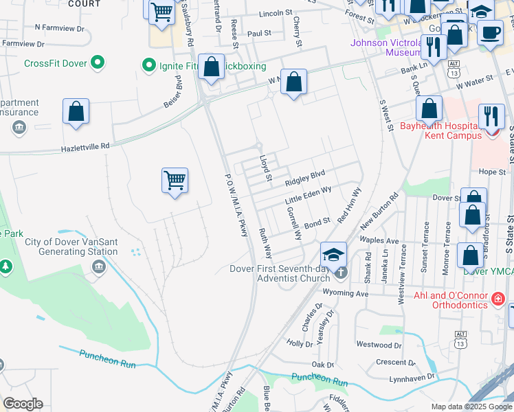 map of restaurants, bars, coffee shops, grocery stores, and more near 525 Little Eden Way in Dover