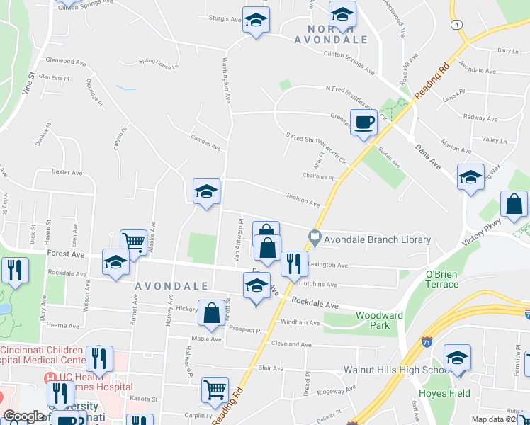 map of restaurants, bars, coffee shops, grocery stores, and more near 656 Glenwood Avenue in Cincinnati