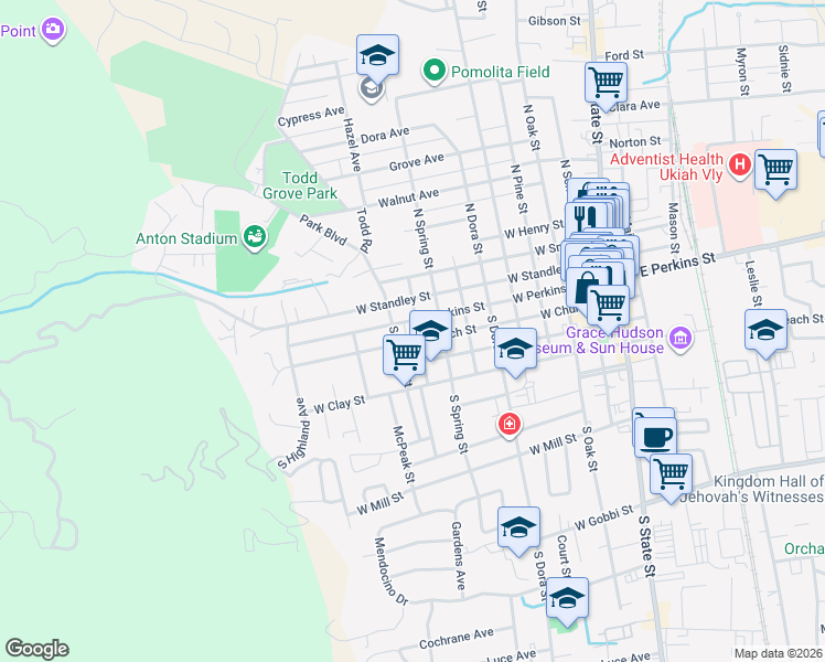 map of restaurants, bars, coffee shops, grocery stores, and more near 150 South Hope Street in Ukiah
