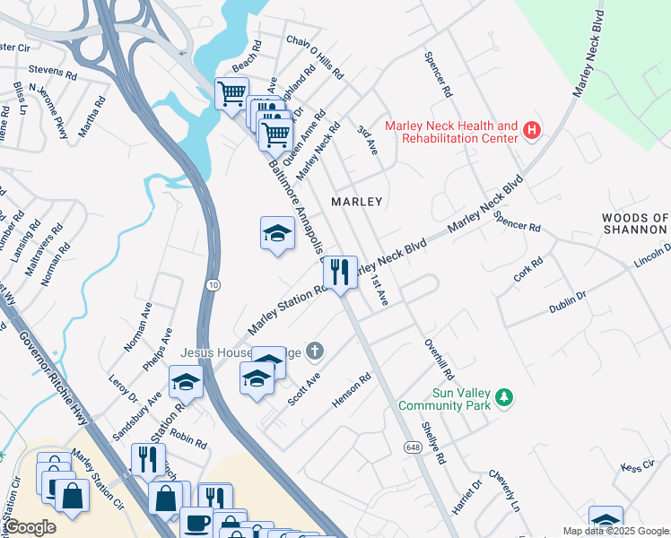 map of restaurants, bars, coffee shops, grocery stores, and more near 7747 Baltimore Annapolis Boulevard in Glen Burnie