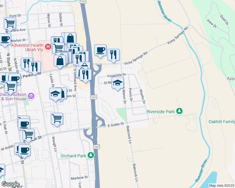 map of restaurants, bars, coffee shops, grocery stores, and more near 400 Oak Manor Drive in Ukiah