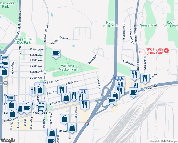 map of restaurants, bars, coffee shops, grocery stores, and more near 1422 East 25th Avenue in North Kansas City