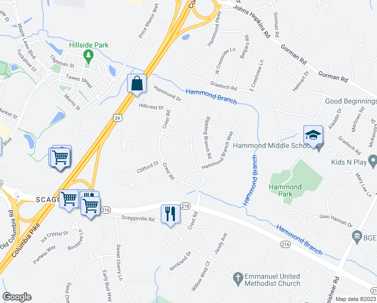 map of restaurants, bars, coffee shops, grocery stores, and more near 8215 Slippery Rock Way in Laurel