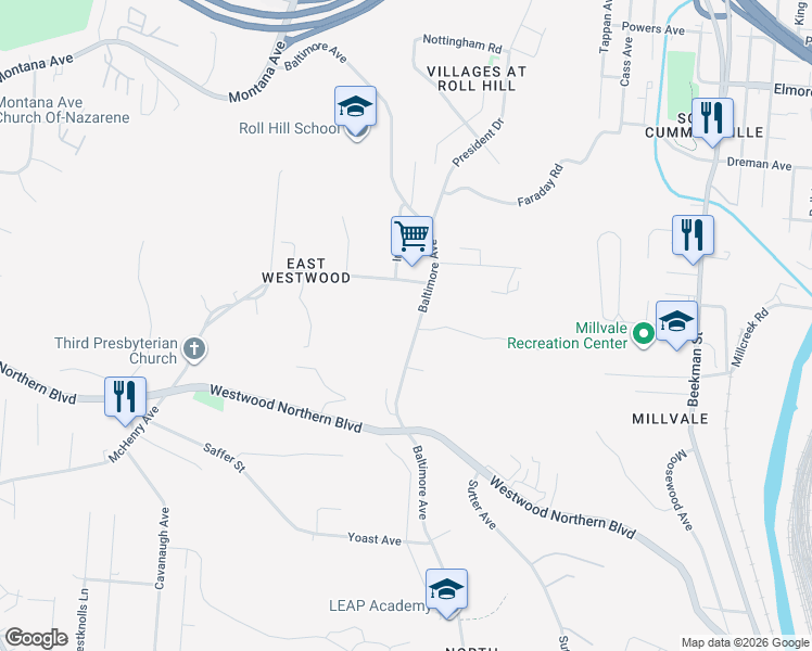 map of restaurants, bars, coffee shops, grocery stores, and more near 2279 Baltimore Avenue in Cincinnati