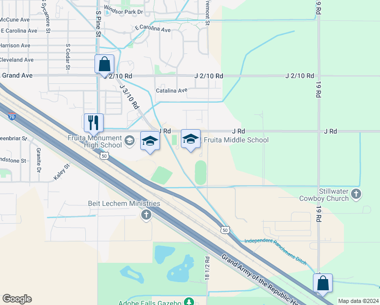 map of restaurants, bars, coffee shops, grocery stores, and more near 1835 J Road in Fruita