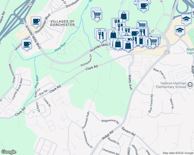 map of restaurants, bars, coffee shops, grocery stores, and more near 7790 Kawshek Path. in Hanover
