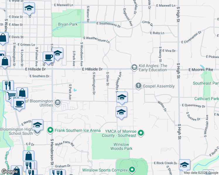 map of restaurants, bars, coffee shops, grocery stores, and more near 1653 South Olive Street in Bloomington