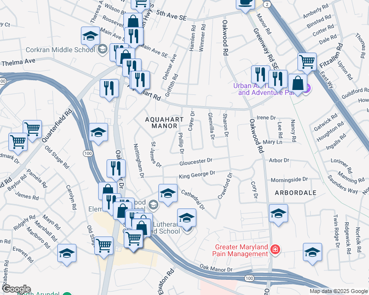map of restaurants, bars, coffee shops, grocery stores, and more near 1025 Phillip Drive in Glen Burnie