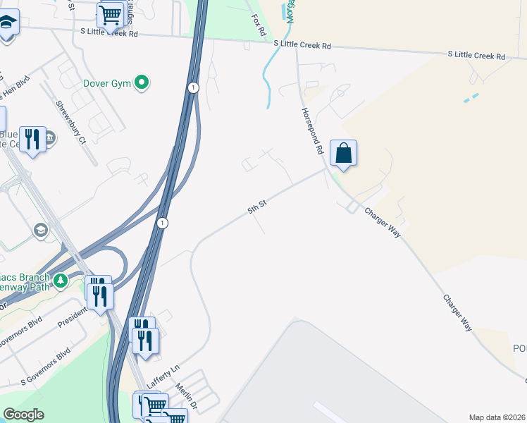 map of restaurants, bars, coffee shops, grocery stores, and more near 101-499 5th Street in Dover