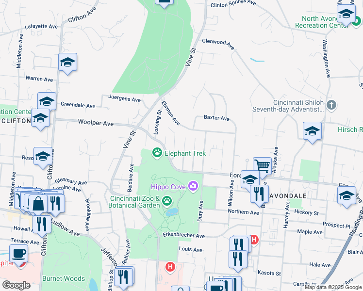 map of restaurants, bars, coffee shops, grocery stores, and more near 3581 Purdue Street in Cincinnati