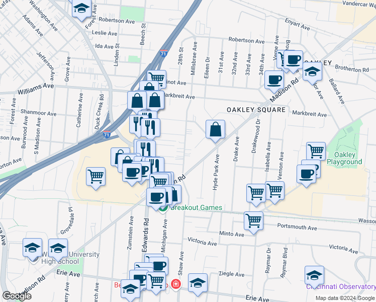 map of restaurants, bars, coffee shops, grocery stores, and more near 3814 Millsbrae Avenue in Cincinnati