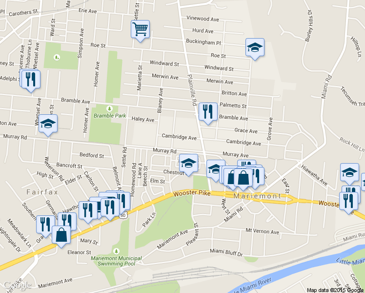 map of restaurants, bars, coffee shops, grocery stores, and more near 6740 Murray Avenue in Cincinnati