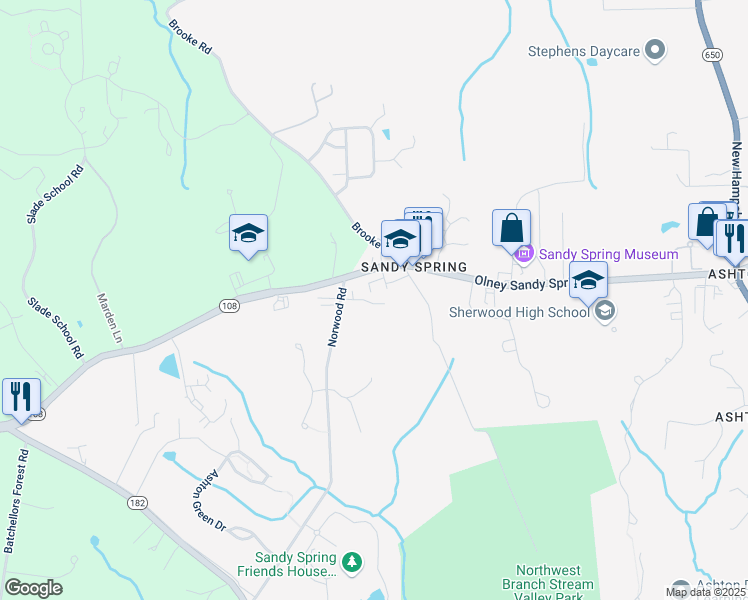 map of restaurants, bars, coffee shops, grocery stores, and more near 1043 Windrush Lane in Ashton-Sandy Spring