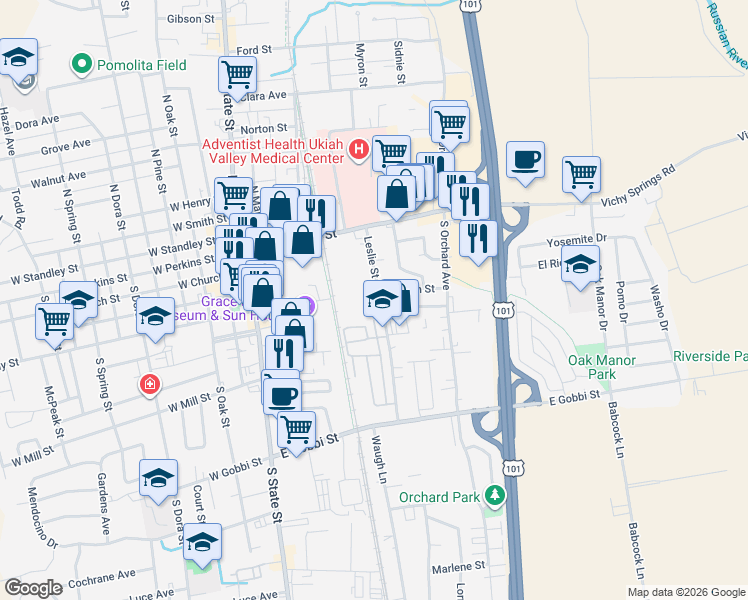 map of restaurants, bars, coffee shops, grocery stores, and more near 134 Leslie Street in Ukiah
