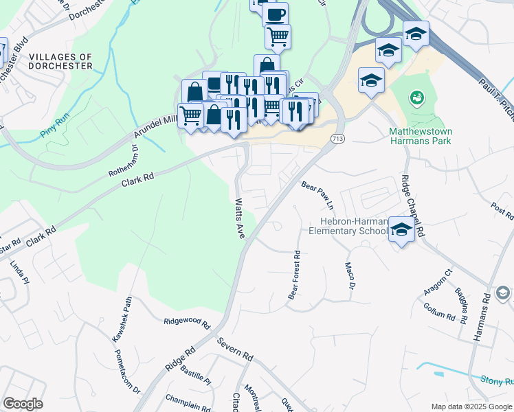 map of restaurants, bars, coffee shops, grocery stores, and more near 7528 Stoney Run Drive in Hanover