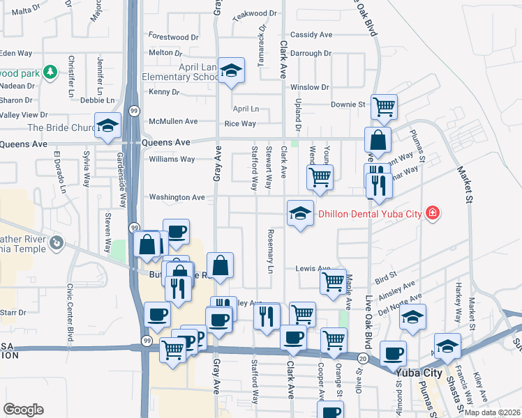 map of restaurants, bars, coffee shops, grocery stores, and more near 1303 Stafford Way in Yuba City