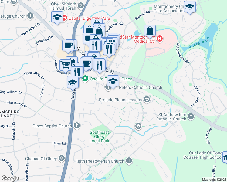 map of restaurants, bars, coffee shops, grocery stores, and more near 2900 Olney Sandy Spring Road in Olney