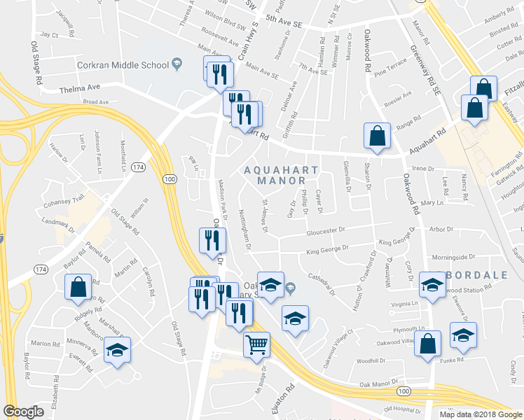 map of restaurants, bars, coffee shops, grocery stores, and more near 205 Saint James Drive in Glen Burnie