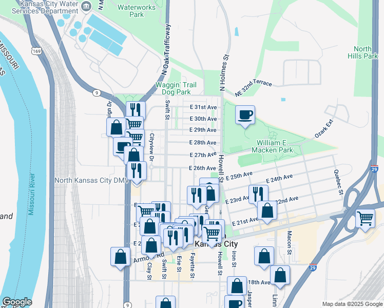 map of restaurants, bars, coffee shops, grocery stores, and more near 336 East 27th Avenue in North Kansas City