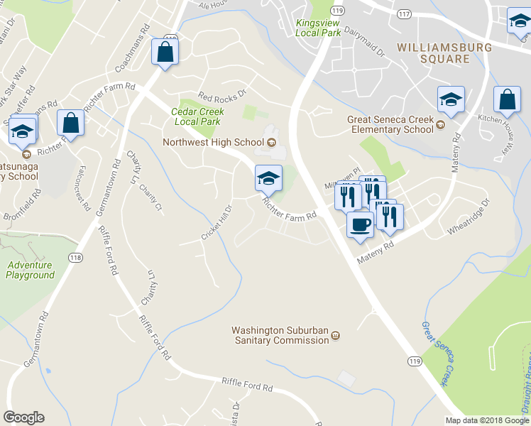 map of restaurants, bars, coffee shops, grocery stores, and more near 13401 Smokewood Terrace in Germantown