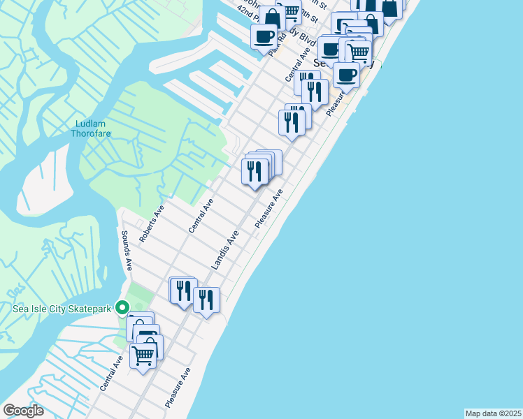 map of restaurants, bars, coffee shops, grocery stores, and more near 5112 Landis Avenue in Sea Isle City