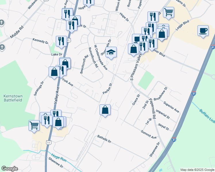 map of restaurants, bars, coffee shops, grocery stores, and more near 2857 Packer Street in Winchester