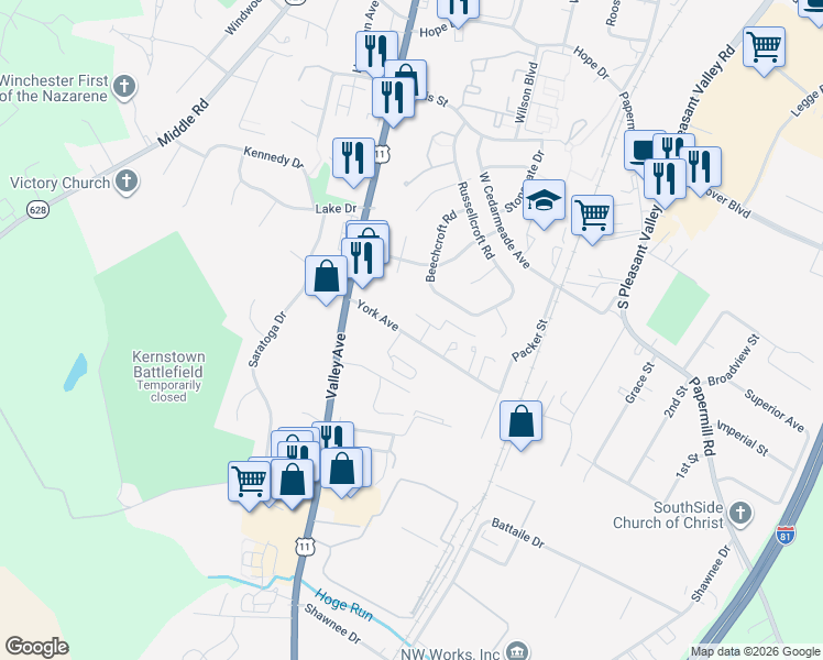 map of restaurants, bars, coffee shops, grocery stores, and more near 556 York Avenue in Winchester
