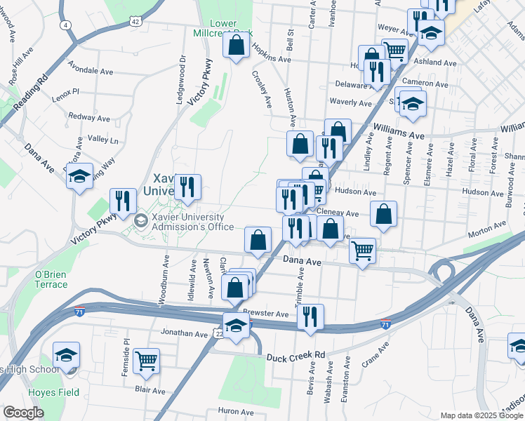 map of restaurants, bars, coffee shops, grocery stores, and more near 1725 Cleneay Avenue in Norwood