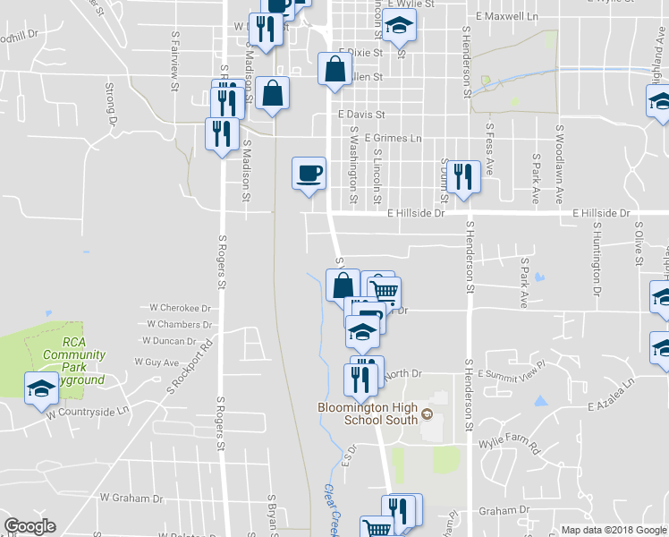map of restaurants, bars, coffee shops, grocery stores, and more near 1710 South Walnut Street in Bloomington