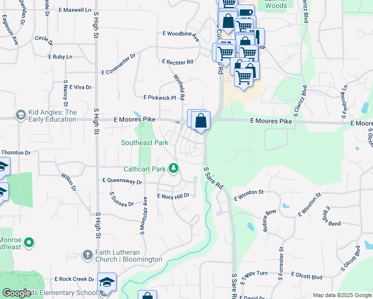 map of restaurants, bars, coffee shops, grocery stores, and more near 1625 South Ira Street in Bloomington