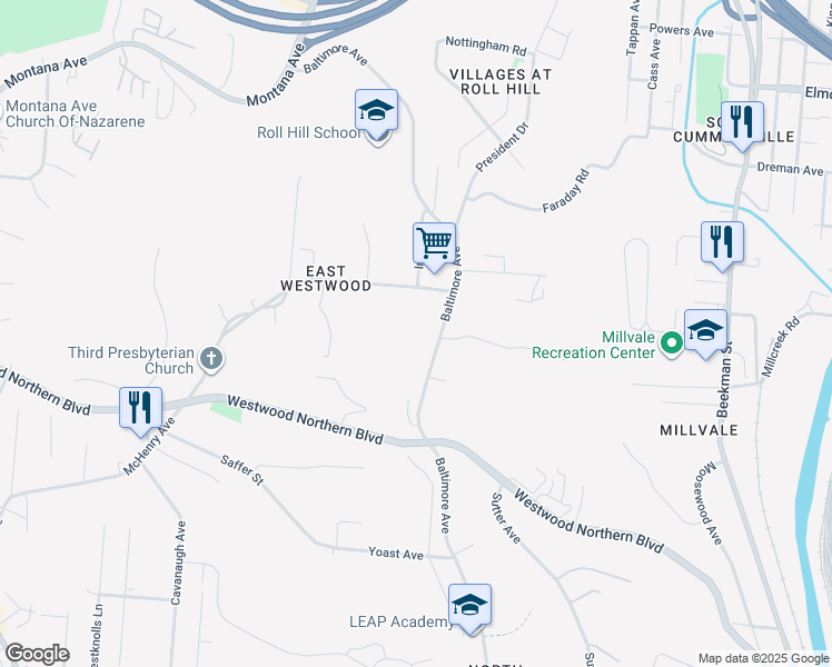 map of restaurants, bars, coffee shops, grocery stores, and more near 2287 Baltimore Avenue in Cincinnati