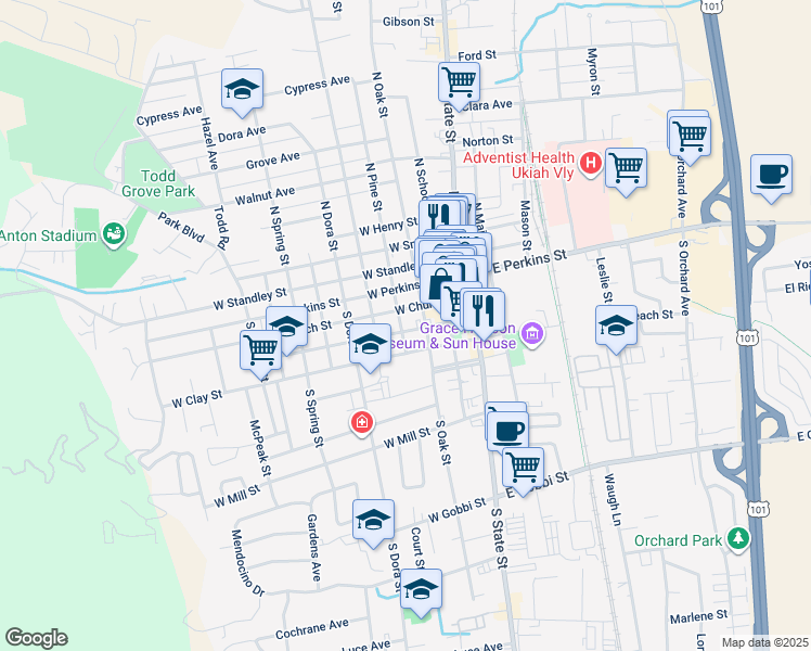 map of restaurants, bars, coffee shops, grocery stores, and more near 390 West Stephenson Street in Ukiah
