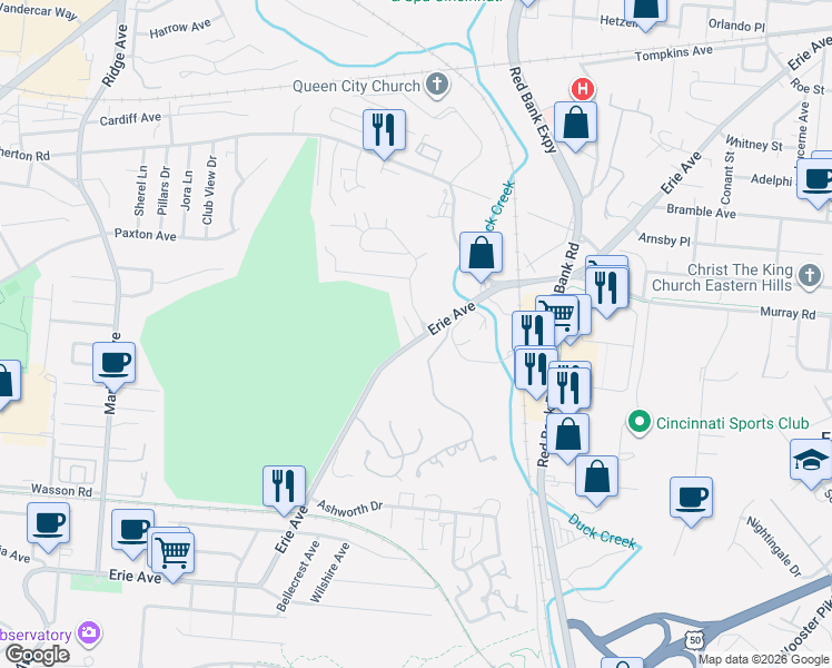 map of restaurants, bars, coffee shops, grocery stores, and more near 3701 Broadview Drive in Cincinnati