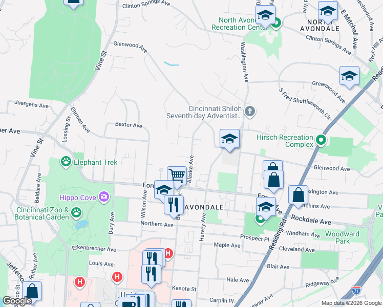 map of restaurants, bars, coffee shops, grocery stores, and more near 3585 Alaska Avenue in Cincinnati