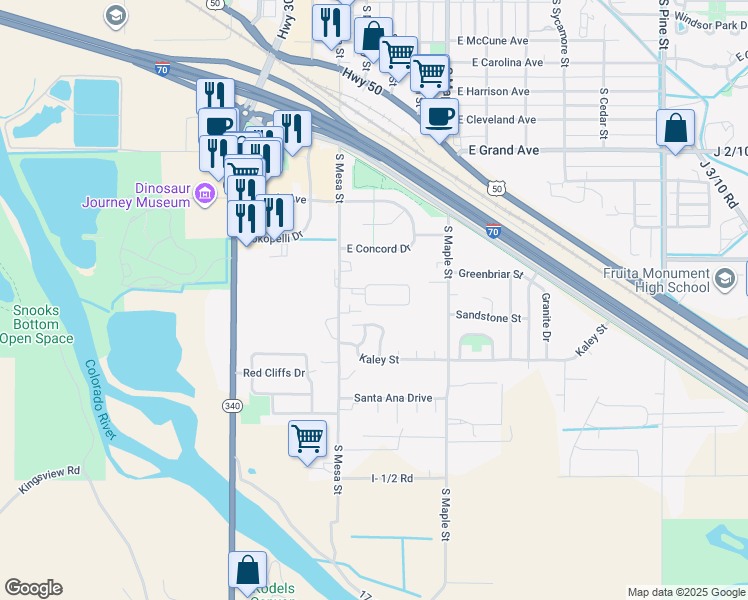 map of restaurants, bars, coffee shops, grocery stores, and more near 103 Bonnie Vista Drive in Fruita