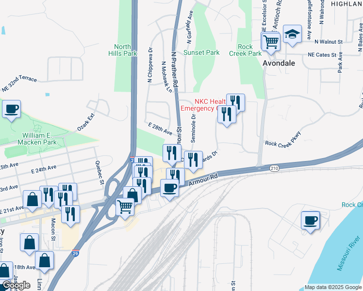map of restaurants, bars, coffee shops, grocery stores, and more near 2601 Vernon Street in North Kansas City
