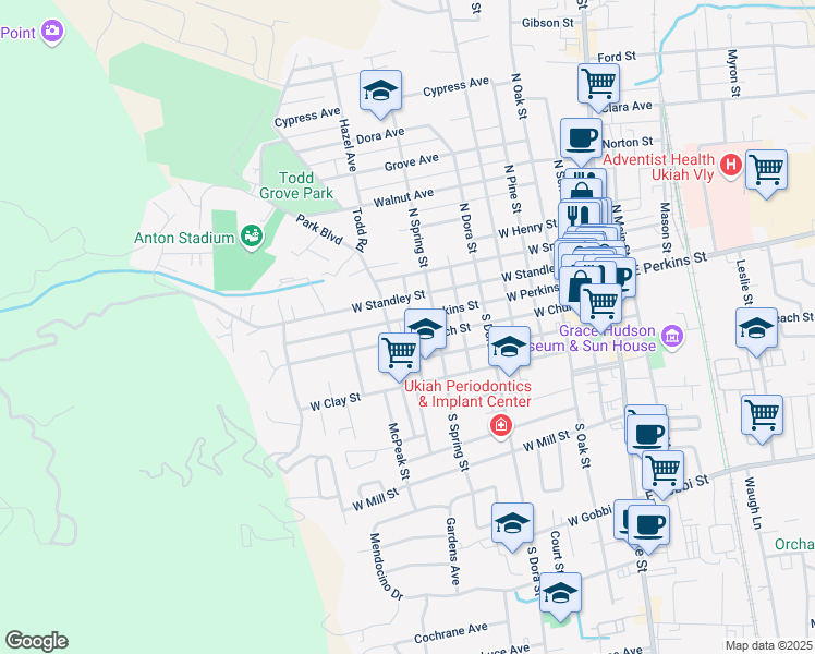 map of restaurants, bars, coffee shops, grocery stores, and more near 150 South Hope Street in Ukiah